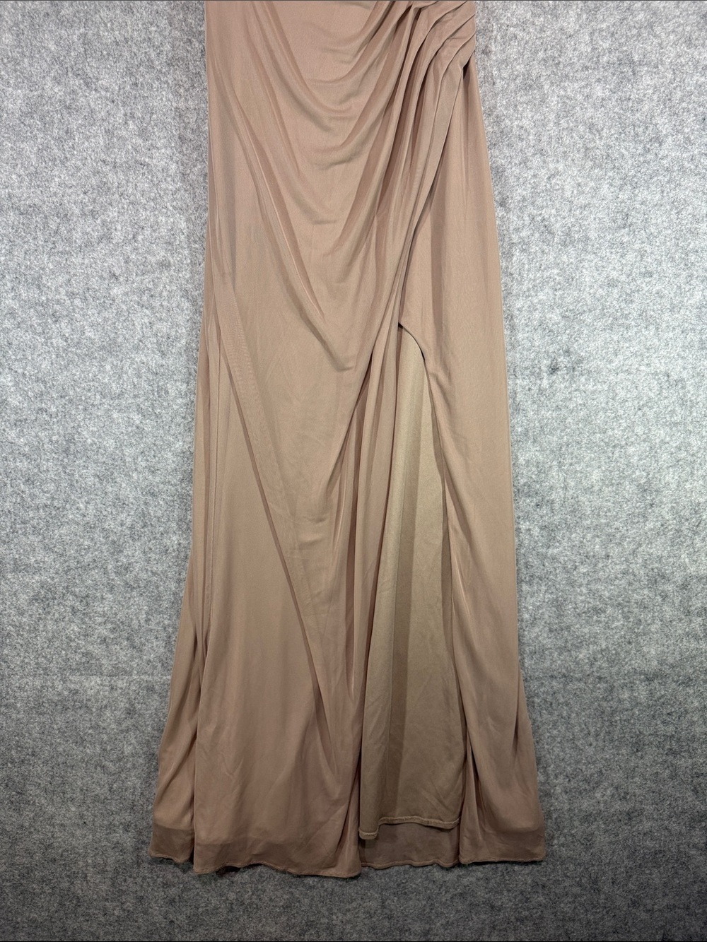 Azazie Champagne Chiffon Bridesmaid Dress Size A10 Cowl Neck Ruched Slit Boning - Picture 5 of 12